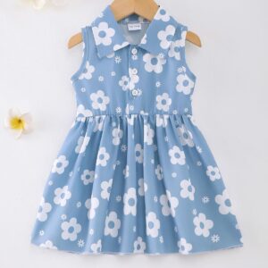 Baby Girl Blue Floral Sleeveless Polo Collar Summer Dress - Image 2