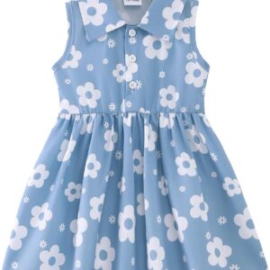 Baby Girl Blue Floral Sleeveless Polo Collar Summer Dress