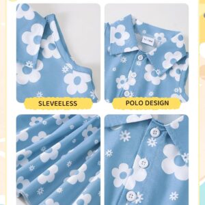 Baby Girl Blue Floral Sleeveless Polo Collar Summer Dress - Image 4