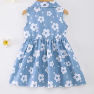 Baby Girl Blue Floral Sleeveless Polo Collar Summer Dress - Image 5