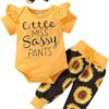 Baby Girl Ruffle Bodysuit and Sunflower Print Pants Headband Set
