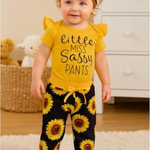 Baby Girl Ruffle Bodysuit and Sunflower Print Pants Headband Set - Image 2