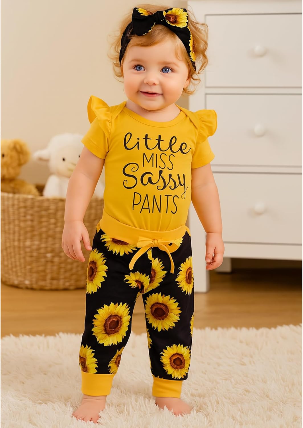 Baby Girl Ruffle Bodysuit and Sunflower Print Pants Headband Set - Image 2