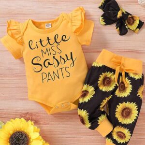 Baby Girl Ruffle Bodysuit and Sunflower Print Pants Headband Set - Image 3