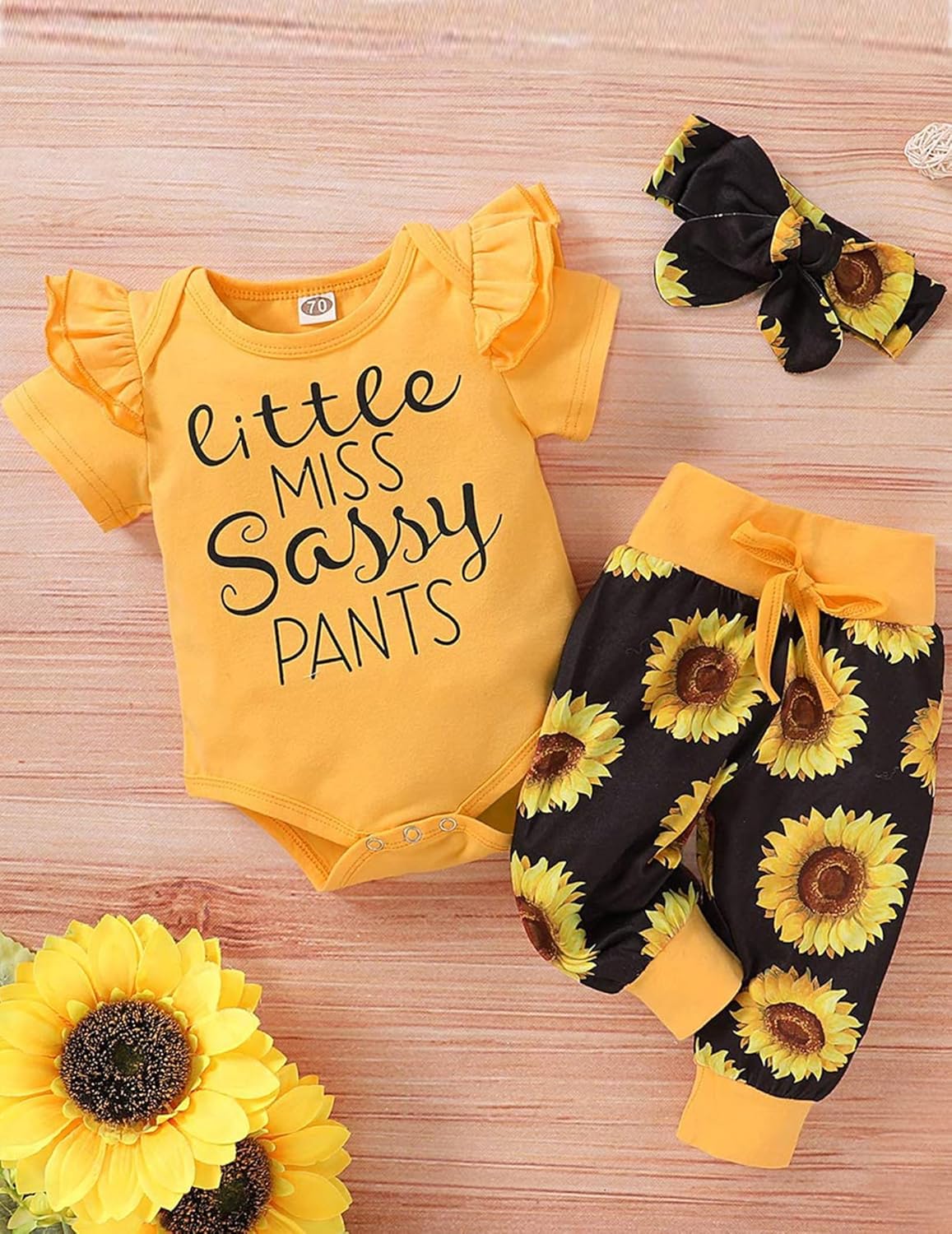 Baby Girl Ruffle Bodysuit and Sunflower Print Pants Headband Set - Image 3