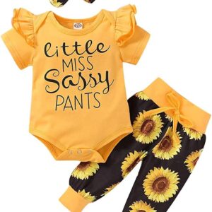 Baby Girl Ruffle Bodysuit and Sunflower Print Pants Headband Set