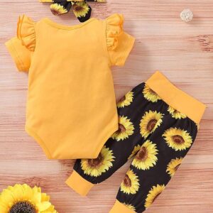 Baby Girl Ruffle Bodysuit and Sunflower Print Pants Headband Set - Image 4