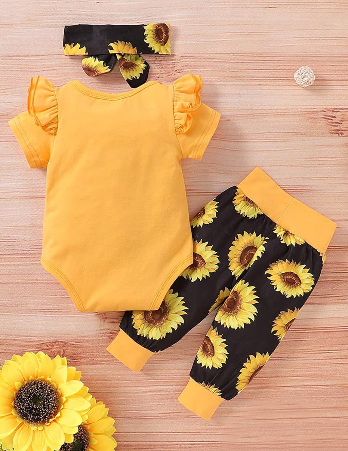Baby Girl Ruffle Bodysuit and Sunflower Print Pants Headband Set - Image 4
