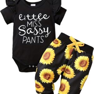 Baby Girl Ruffle Bodysuit and Sunflower Print Pants Headband Set - Image 8