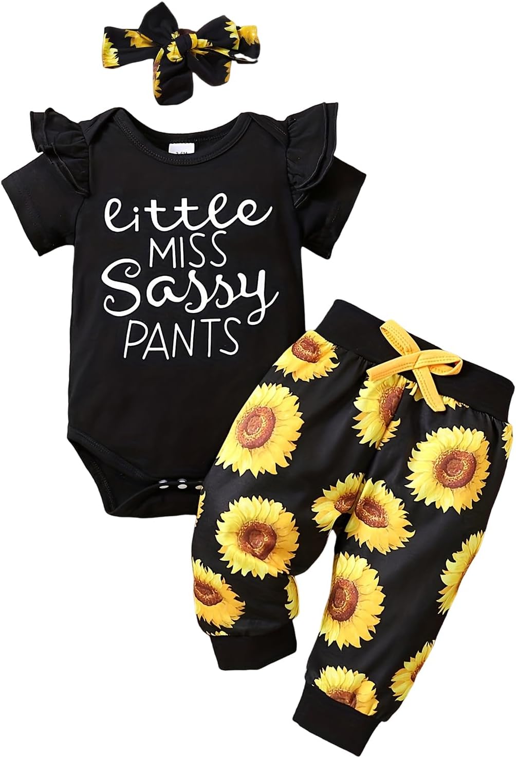 Baby Girl Ruffle Bodysuit and Sunflower Print Pants Headband Set - Image 8