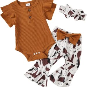 Baby Girl Ruffle Bodysuit and Sunflower Print Pants Headband Set - Image 9