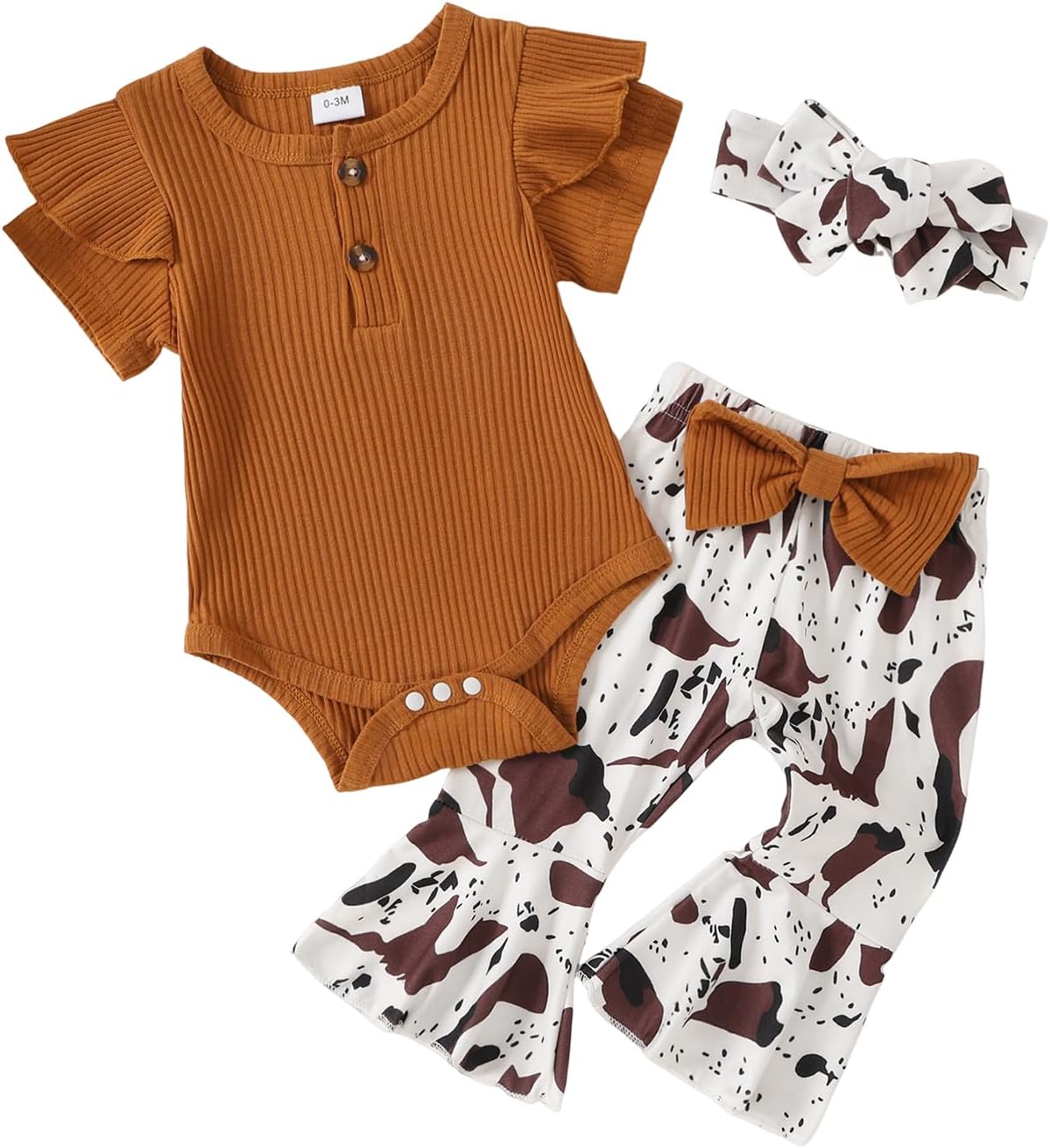Baby Girl Ruffle Bodysuit and Sunflower Print Pants Headband Set - Image 9