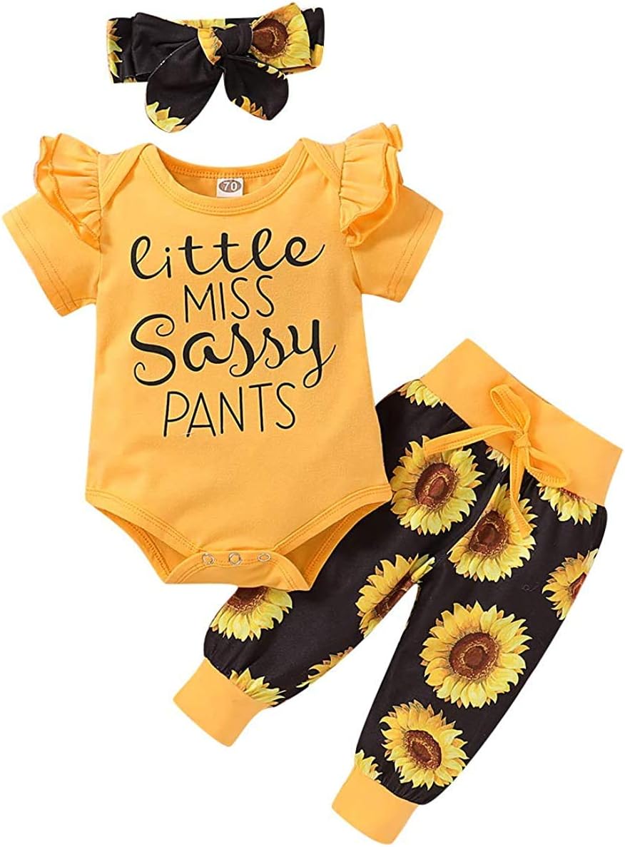 Baby Girl Ruffle Bodysuit and Sunflower Print Pants Headband Set