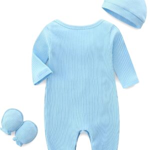 Alternative view of Light Blue Ribbed "Hi I'm New Here" Baby Romper with Hat and Mittens Set