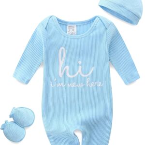Light Blue Ribbed "Hi I'm New Here" Baby Romper with Hat and Mittens Set