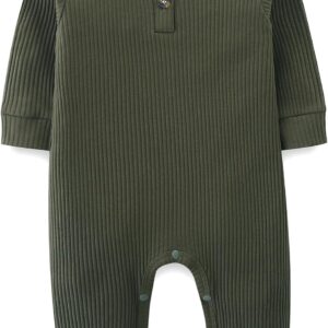 Olive Green Ribbed Knit Baby Long Sleeve Snaps Up Romper