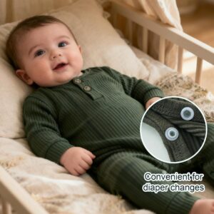 Alternative view of Olive Green Ribbed Knit Baby Long Sleeve Snaps Up Romper