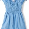 Girls Blue Swiss Dot Ruffle Neck Short Sleeve Dress