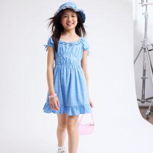 Girls Blue Swiss Dot Ruffle Neck Short Sleeve Dress - Image 2