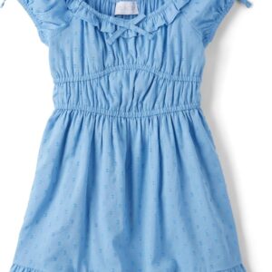 Girls Blue Swiss Dot Ruffle Neck Short Sleeve Dress
