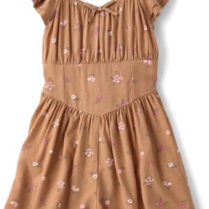 Girls Brown Floral Print Flutter Sleeve Romper