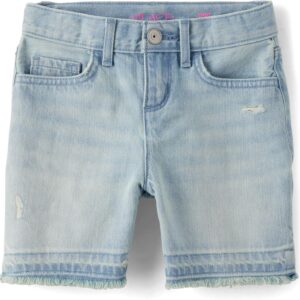 Girls Distressed Blue Denim Midi Shorts With Frayed Hem - Image 10