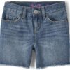 Girls Distressed Blue Denim Midi Shorts With Frayed Hem