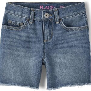Girls Distressed Blue Denim Midi Shorts With Frayed Hem