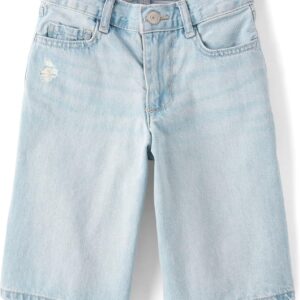 Girls Distressed Blue Denim Midi Shorts With Frayed Hem - Image 4