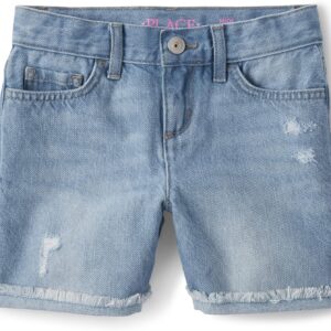 Girls Distressed Blue Denim Midi Shorts With Frayed Hem - Image 6