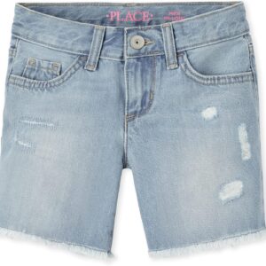 Girls Distressed Blue Denim Midi Shorts With Frayed Hem - Image 8