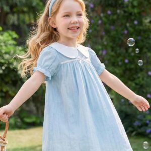 Light Blue Puff Sleeve Baby Dress with White Peter Pan Collar - Image 2