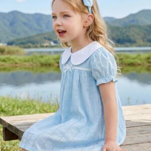Light Blue Puff Sleeve Baby Dress with White Peter Pan Collar - Image 3