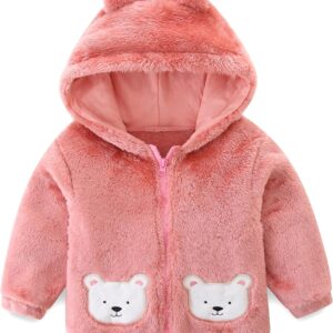 Pink Fuzzy Hooded Toddler Jacket with Bear Ears and Pockets